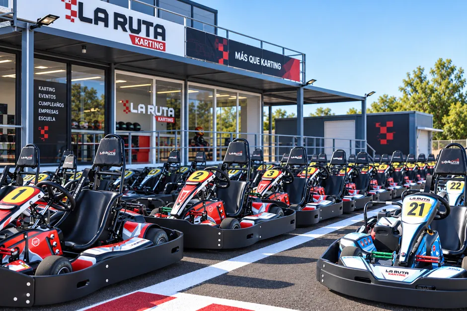 Karts alineados frente al edificio de Karting La Ruta